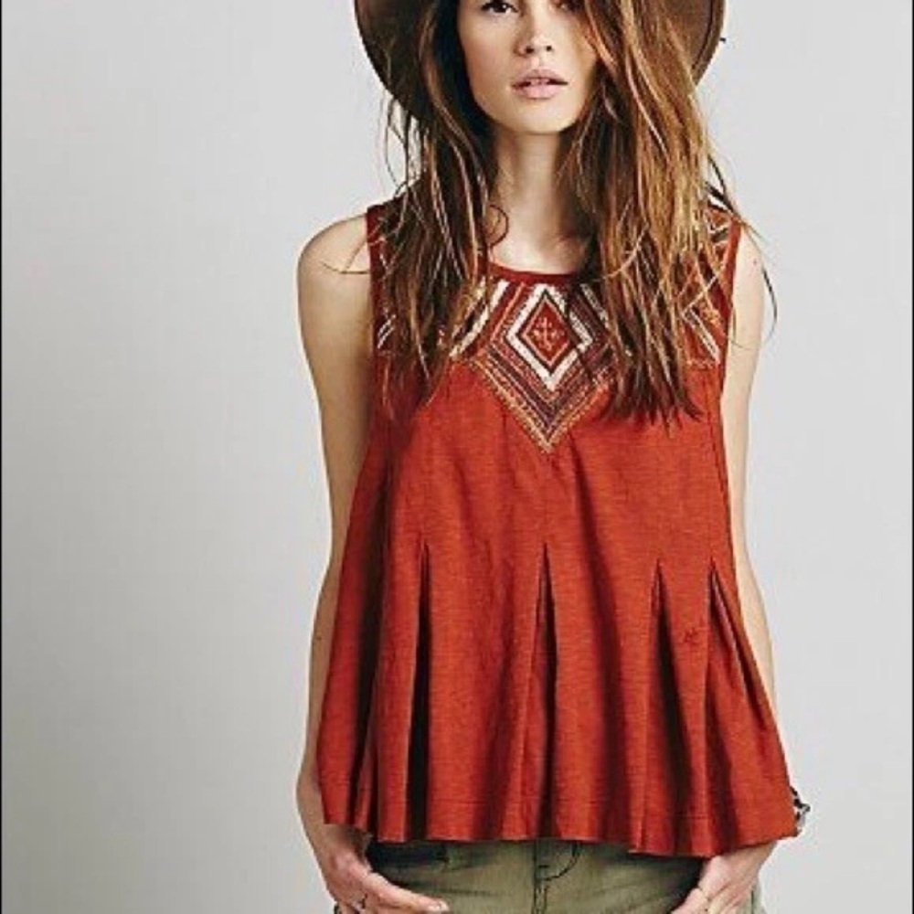 Free People Libertine Embroidered Swing Tank Rust Orange XS